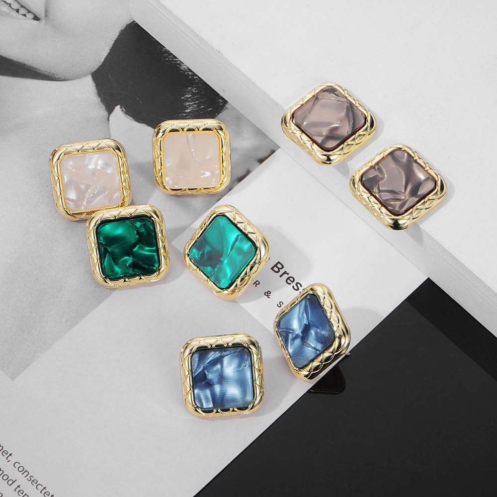 Retro Square Metal Resin Large Exaggerated Stud Earrings for Women Classical Charm Trendy Jewelry