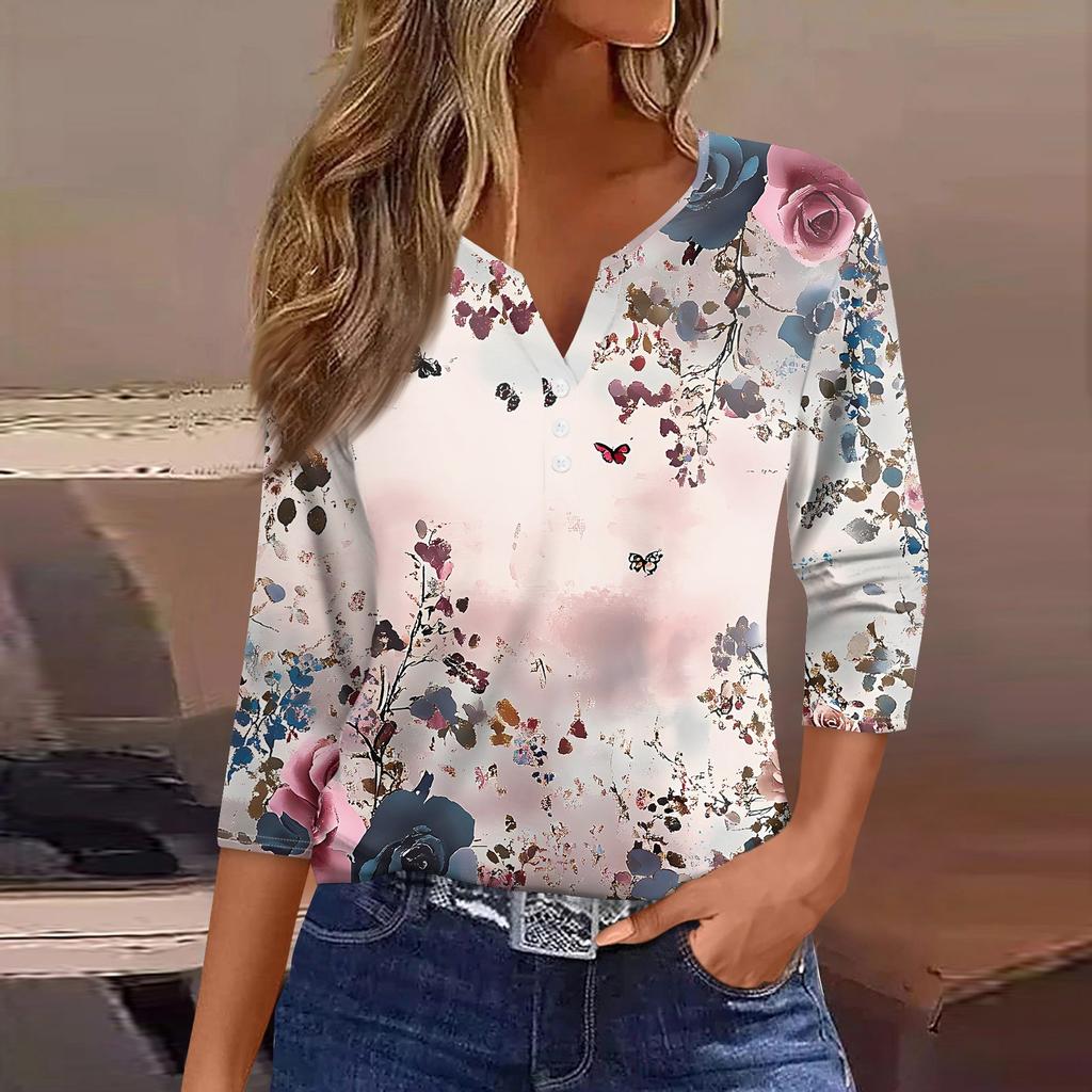 Жен. Футболка С принтом Пуговицы Рукав 3/4 Повседневные Выходные Мода Классический Классический V-образный вырез Обычный Верх
