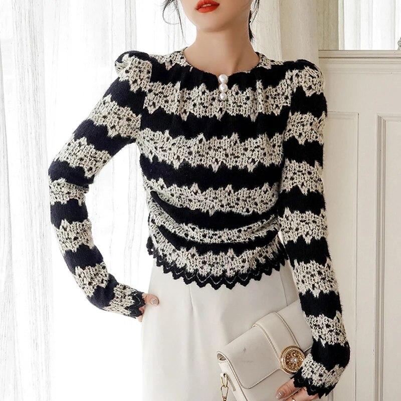 Модная вязаная крючком кружевная блузка для женщин, простые плиссированные топы с длинными рукавами, осень-зима, повседневная корейская полая рубашка 29562
