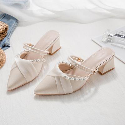 Весенне-летние женские французские босоножки на среднем высоком каблуке, французские сандалии на два ношения, сандалии с запахом, женская обувь на толстом каблуке с острым носком