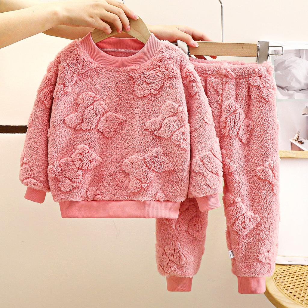 Autumn Winter Kids Thicken Warm Flannel Pajamas Baby Solid Long Sleeve Sleepwear Boys Girls Casual Clothing Sets Pyjamas