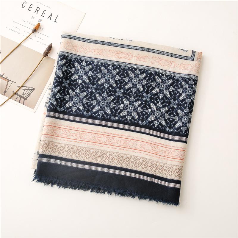 Women's Cotton & Linen Scarf: Elegant Ethnic Geometric Diamond Shawl with Messy Hemp Edge