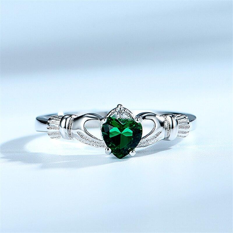 925 Sterling Silver Rings For Women Irish Claddagh Created Nano Emerald Heart Shape Solitaire Ring Classic Fine Jewelry