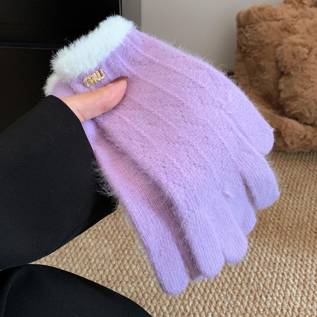 Мягкие Восковые Кроличьи Меховые Серые Вязаные Шерстяные Пятипалые Утепленные Теплые Перчатки для Женской Зимней Велосипедной Езды Холодо- и Ветрозащитные Пушистые