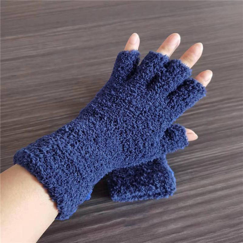 Женские и мужские перчатки из бархата кораллового цвета с длинными полупальцами, сохраняющие тепло, ребристые вязаные пушистые варежки, зимние однотонные перчатки без пальцев из мягкого плюша