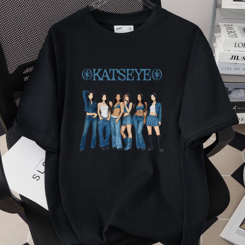 Best-selling Korean Girl Group Katseye Printed T-shirt Short-sleeved Fashionable Casual Adult and Children's Top