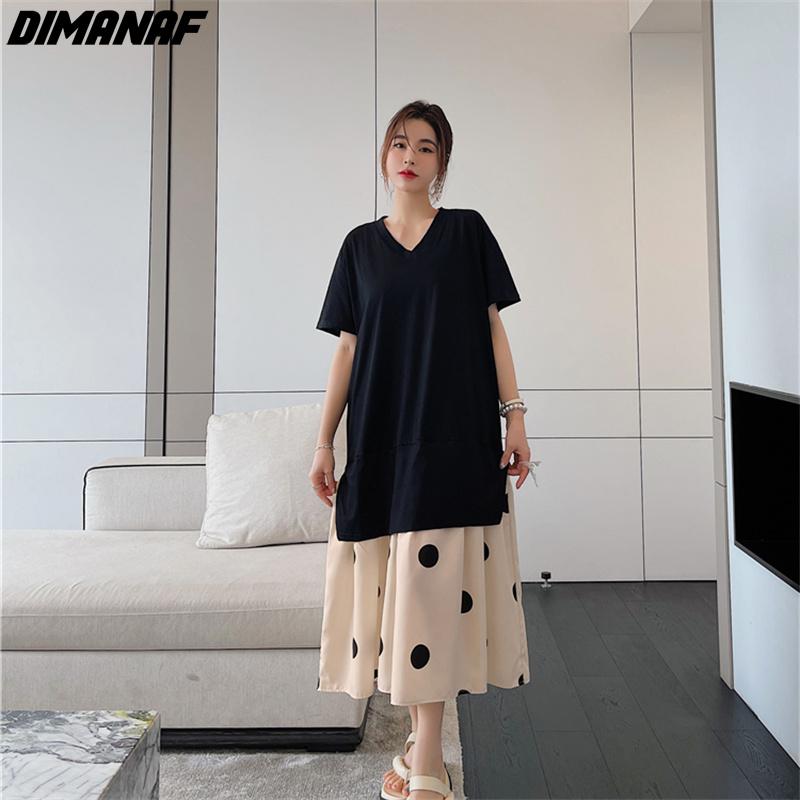 Dimanaf 2022 Новое женское длинное платье Лето Плюс Размер Модное Черное Свободное Повседневное Oversize