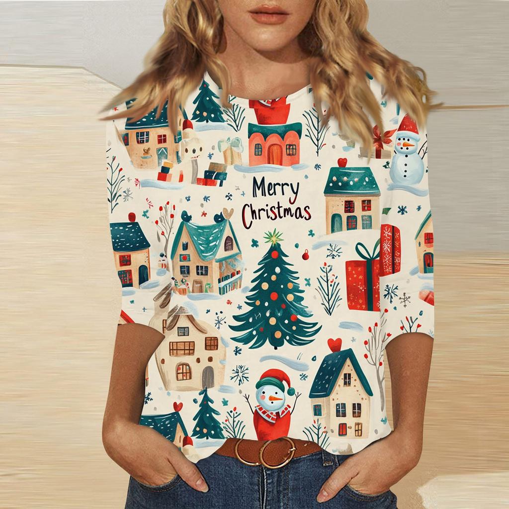 Women's Fashion Casual Three-quarter Sleeve Christmas Printed Round Neck Pullover Top