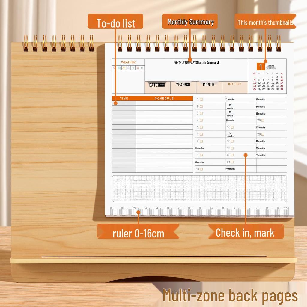 Вдохновляющий деревянный настольный календарь 2026 с блокнотом для заметок - Настраиваемый креативный рекламный календарь
