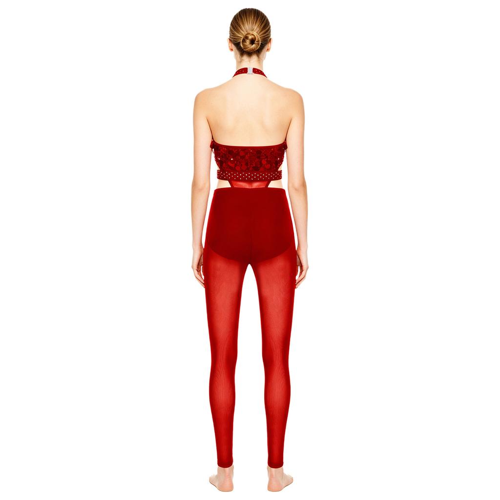 Women Gymnastics Unitard Halter Backless Sequin Bodice Hollow Out Waist Sheer Mesh Leggings Built-in Briefs Rompers Jumpsuit for Competition Stage