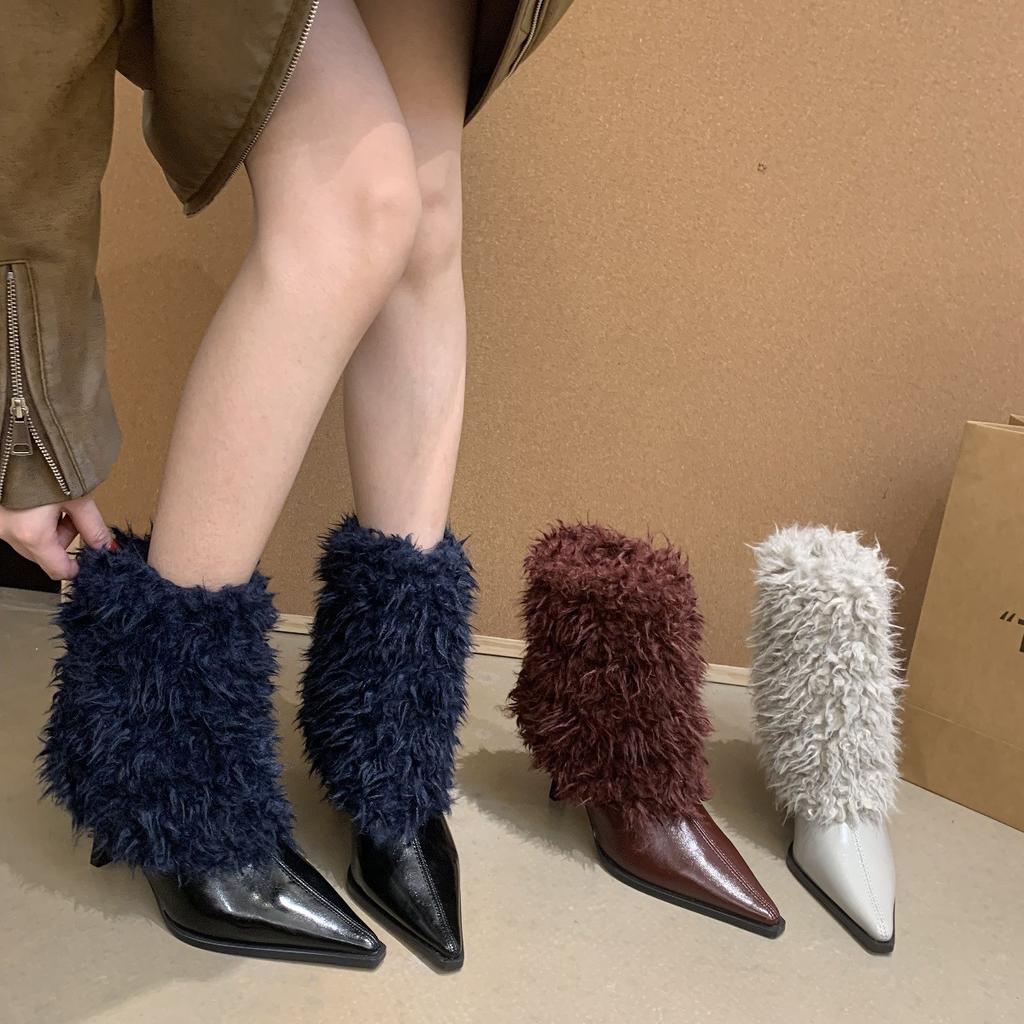 2025 High-heeled Short Boots Are Popular for Women This Year, Black Pointed-toed Thin-heeled Hairy Medium-tube Snow Boots, Velvet Fashionable Essence