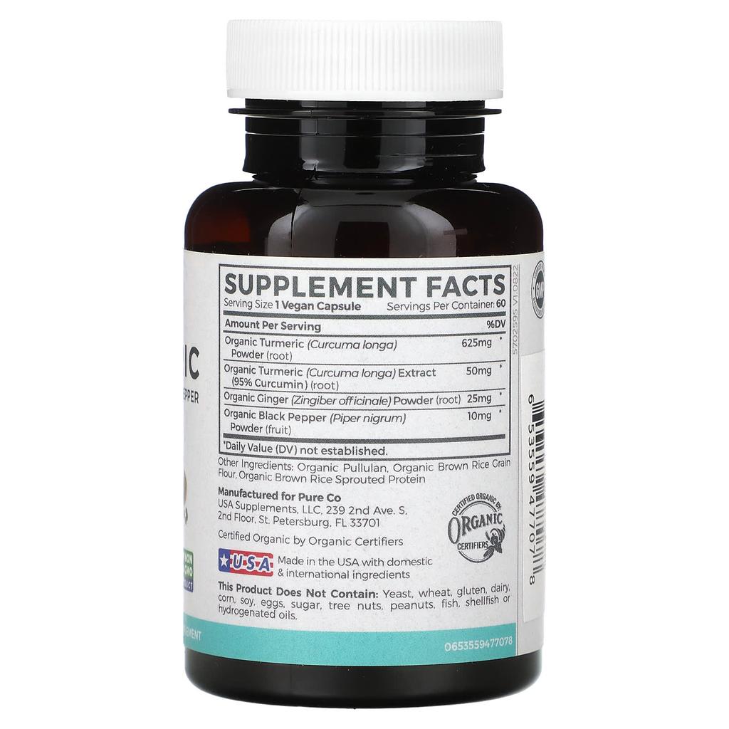 Pure Co., Natural Herbs, Organic Turmeric, Ginger and Black Pepper, 60 Veggie Caps