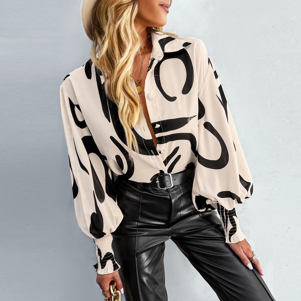 Spring Autumn Woman's Blouse Shirt POLO Collar In Contrasting Color Printed Long Sleeve Loose Casual Tops