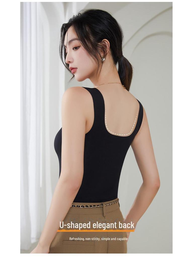 Женская бесшовная майка из шелка Ice Silk с нагрудными вкладышами и квадратным воротником — без бюстгальтера, красивый дизайн спины