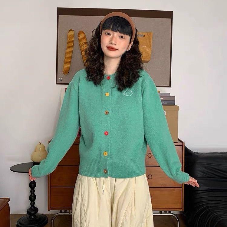 Вышитый женский вязаный кардиган с круглым вырезом, цветными пуговицами, однотонный свитер, корейская версия, милый женский повседневный плащ с длинными рукавами