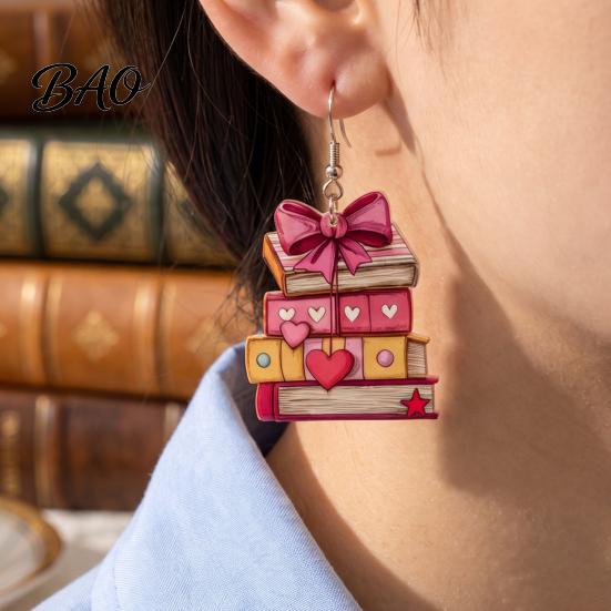 Chic School Season Accessories 1 Pair Acrylic Book Earrings for Women, Vintage Stacking with Pink Retro Theme Bow And Heart, Funny Dangle Jewelry,