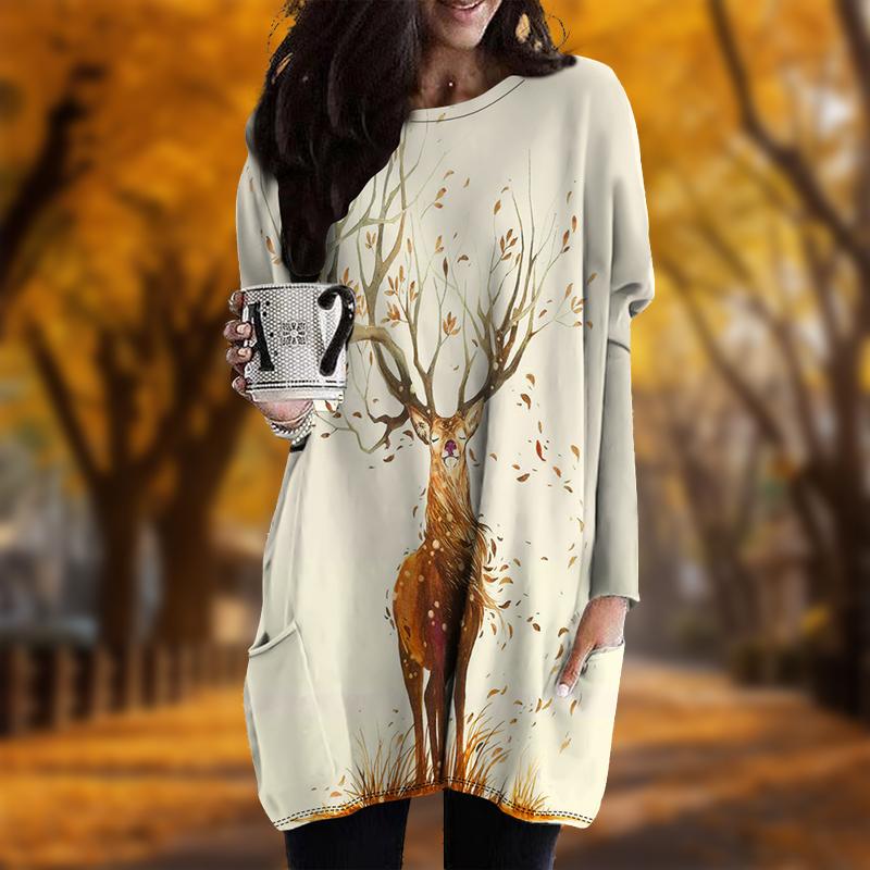 New In Autumn Fallen Deer Print Plus Size Dress Women O'neck Long Sleeves Casual Pocket Dresses