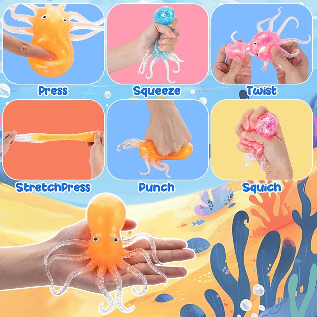 Squishy Octopus Stress Balls for Kids & Adults - Sensory Fidget Toys, Classroom Prizes, Party Favors, Stress Relief Toy