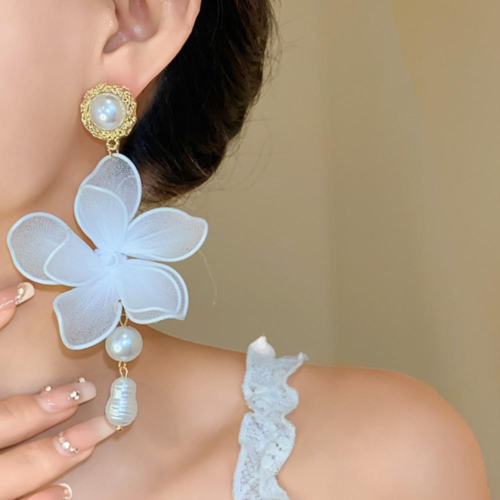 Sweet Beach Earrings Exaggerated Petals Stud Earrings Romantic Mesh Flower Dangle Earrings  Party