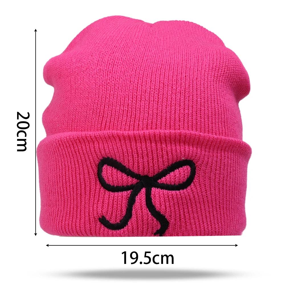 Y2K Bow Embroidered Knitted Hat Autumn And Winter Warm Women Beanies Cap Korean Fashion Solid Color Female Girls Skullcap Bonnet