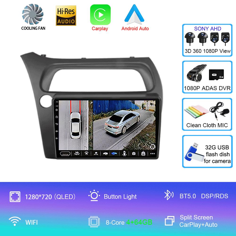 Android 14 автомобильный радиоприемник Carplay Auto WIFI+4G для Honda Civic Hatchback 2006 2007 2008 2009 2010 2011 мультимедийный проигрыватель 2 DIN стерео