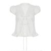 French Lace Pleated Puff Sleeves Tied Shirt for Women with White Lace Loose Slim Pure and Sexy Hot Girl Top Short
