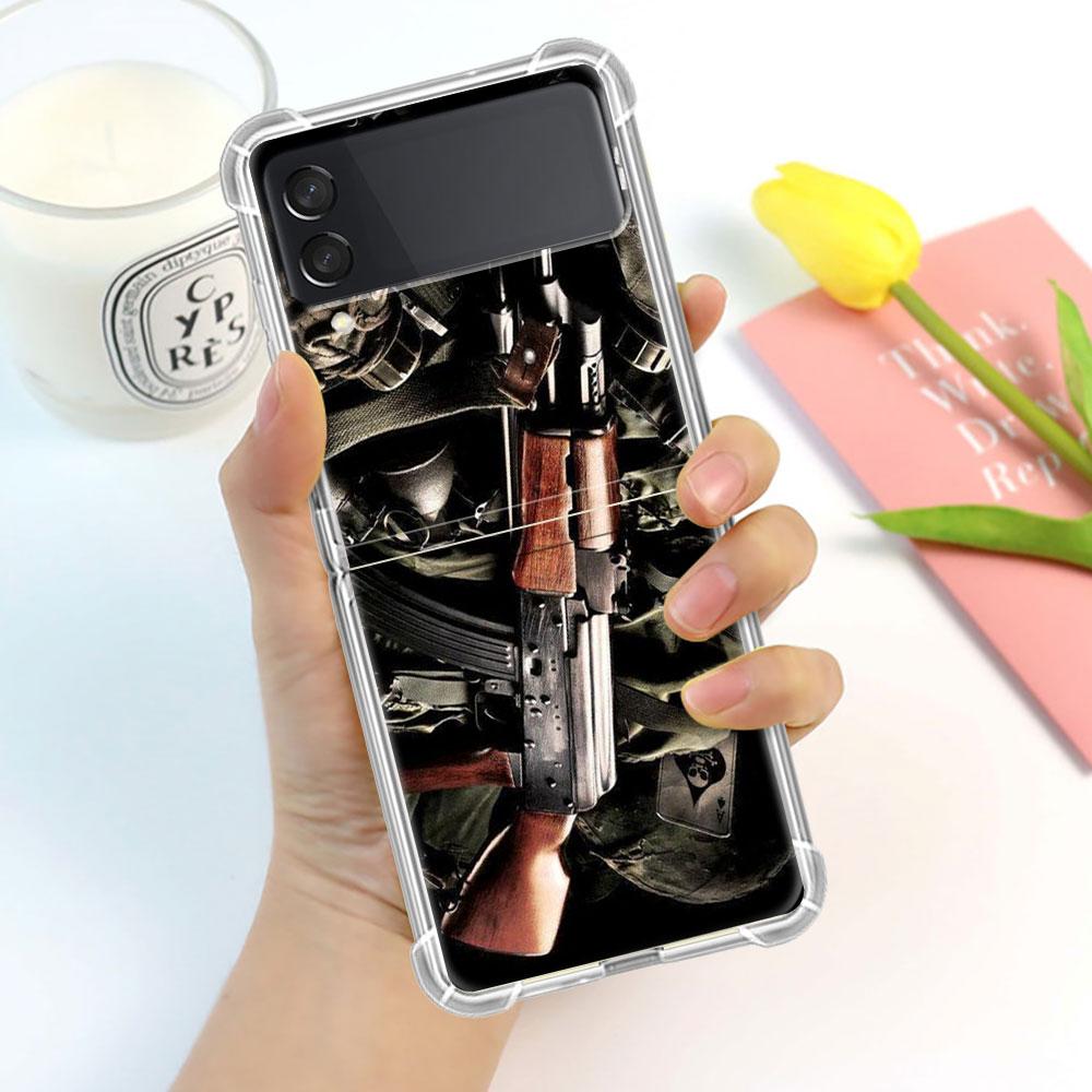 Роскошный чехол для Samsung Galaxy Z Flip 3 4 5G Funda Z Flip3 Прозрачный ПК Жесткий Ударопрочный Задняя крышка телефона AK47 Пистолет Пули