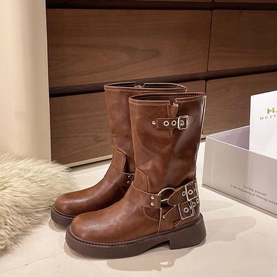 Новые зимние джинсовые сапоги женские ретро коричневые с пряжкой на ремне с круглым носком высокие сапоги до колена туфли на платформе