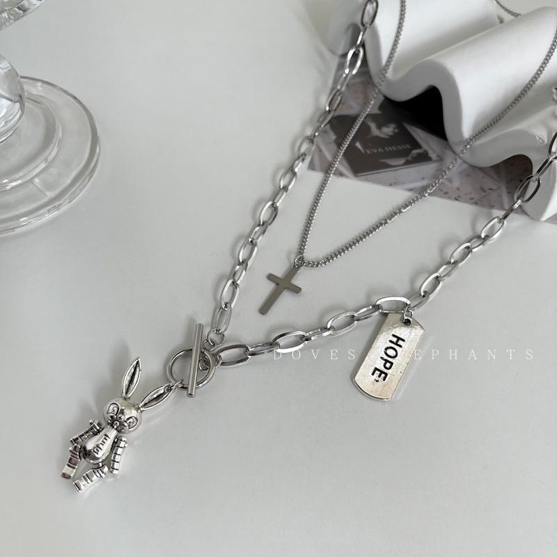 Double-Layer Punk Rabbit Cross Necklace - Unisex Hip-Hop Style