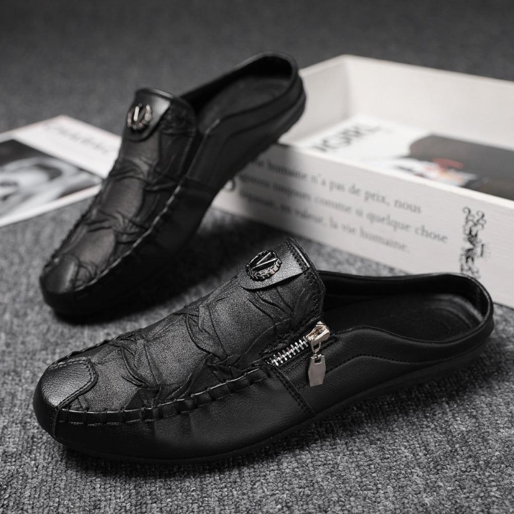 Fashion Men's Shoes Fashion Zippered Casual Leather Shoes Luxury Soft Soled Driving Shoes Designer Loafers Men Leather Half Slippers