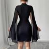 Yousheng Women's Cape Sleeve Dress Mock Neck Bodycon Mini Dress Sexy Shiny Chiffon Cloak Sleeve Cocktail Dress for Wedding Evening Party