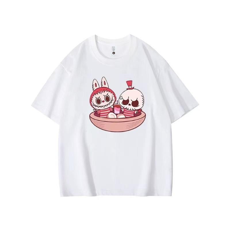 Летний топ с круглым вырезом и принтом с узором Лабубу, модная повседневная женская футболка с коротким рукавом из чистого хлопка