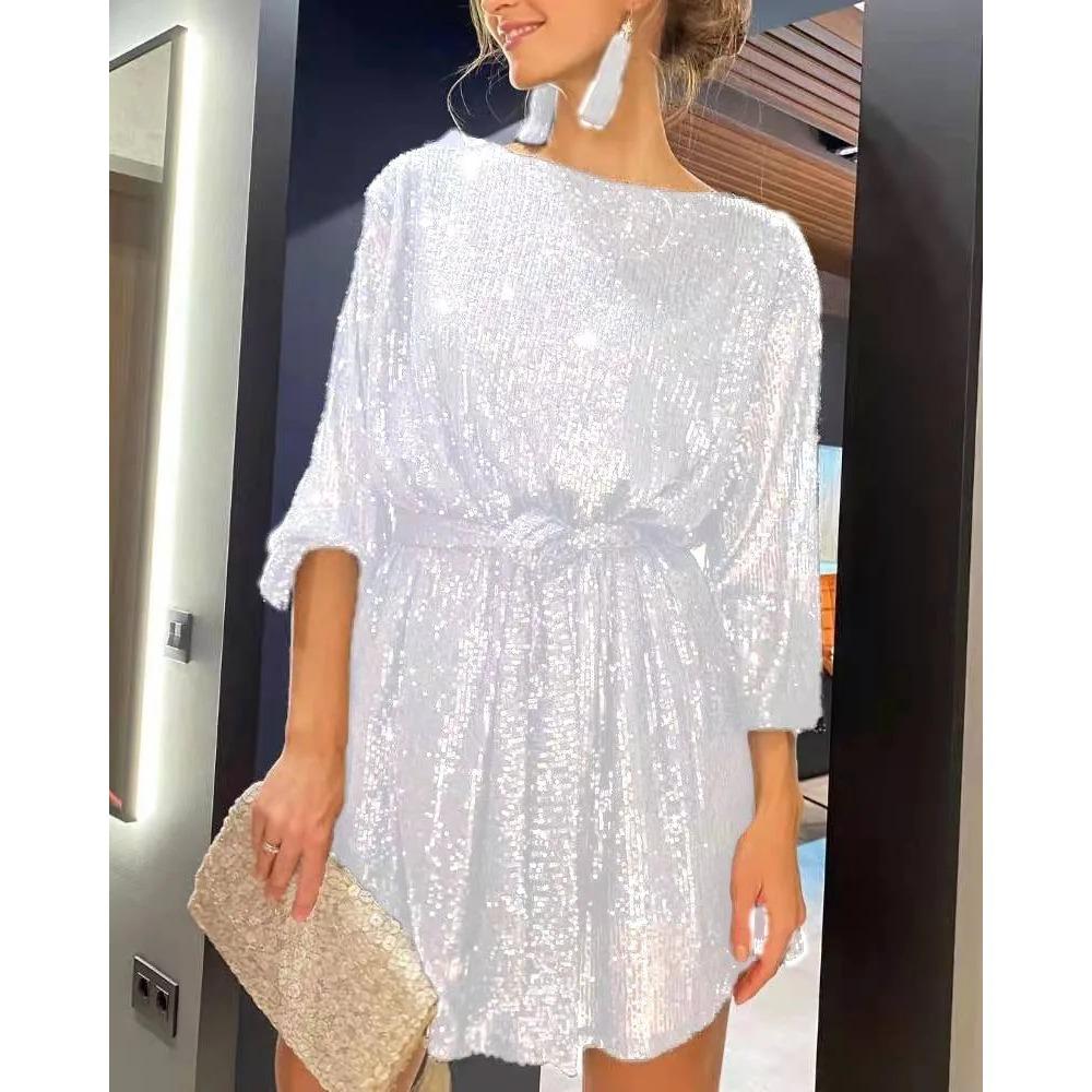 Fashion Sequined Pearl Color Waist Dress Evening Dress Skirt Women's Dress