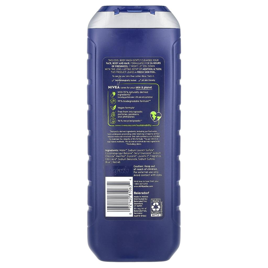 Men's Cool 3 In 1 Body Wash, Menthol & Yuzu, 500 Ml (16.9 Fl Oz)