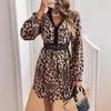 Women's Vintage Style V-neck Leopard Print Long-sleeve Lace Patchwork Long-sleeve Dress