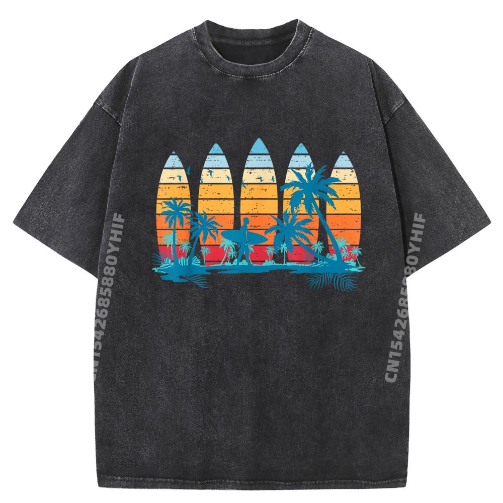 Vintage Surfboard Sunset Surfboarder Retro Surfer Palm Tree Graphic Tees Man Meme Tshirt Loose Washed Tops Vaporwave