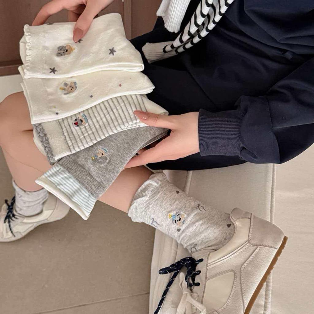 Spring Style White and Gray Women's Cotton Socks with Cartoon Puppy Embroidery, Mid-Calf Slouch Design, Korean-Inspired.