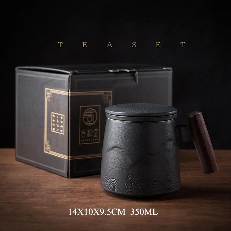 Luxury Mug Ceramic Tea Cup Handmade Aesthetic Chinese Retro Mugs Coffee Cups Elegant Teacup Teaware Water Cup Wooden Handle Business Gift Set