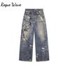 RogueWave New 3D Chain Printed Baggy Jeans for Men and Women Casual Baggy Straight Denim Pants High Street Wide-leg Y2K Jean