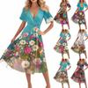 Women's Casual Fashion Flared Skirt V-neck Short-sleeved Floral Print Dress