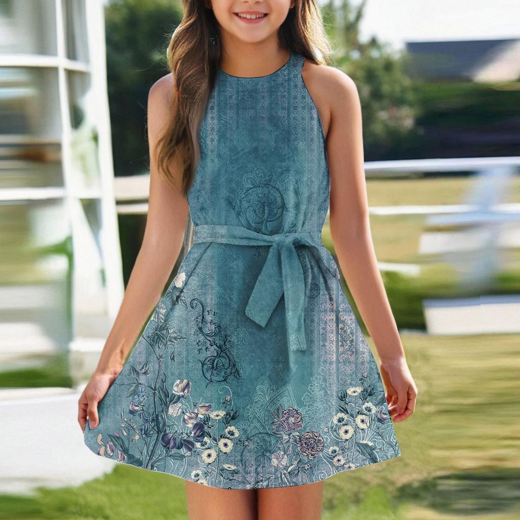 Летнее платье для девочек Платье без рукавов на бретельках Однотонное платье без рукавов с принтом Повседневное платье