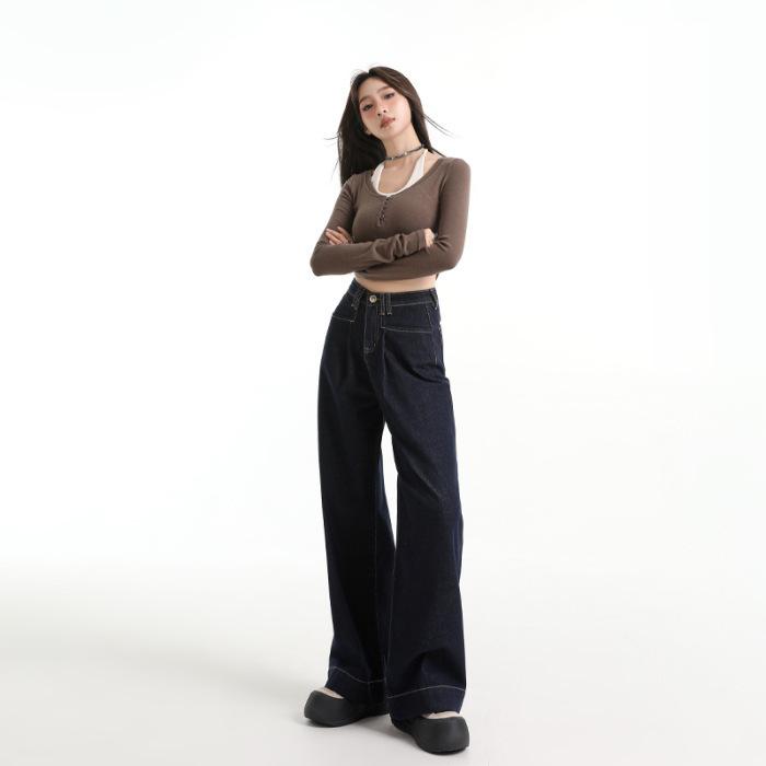 Джинсы для женщин Осенью и Зимой Брюки широкие от бедра для женщин Осенью и Зимой Свободные Прямые Стройнящие Повседневные Широкие брюки