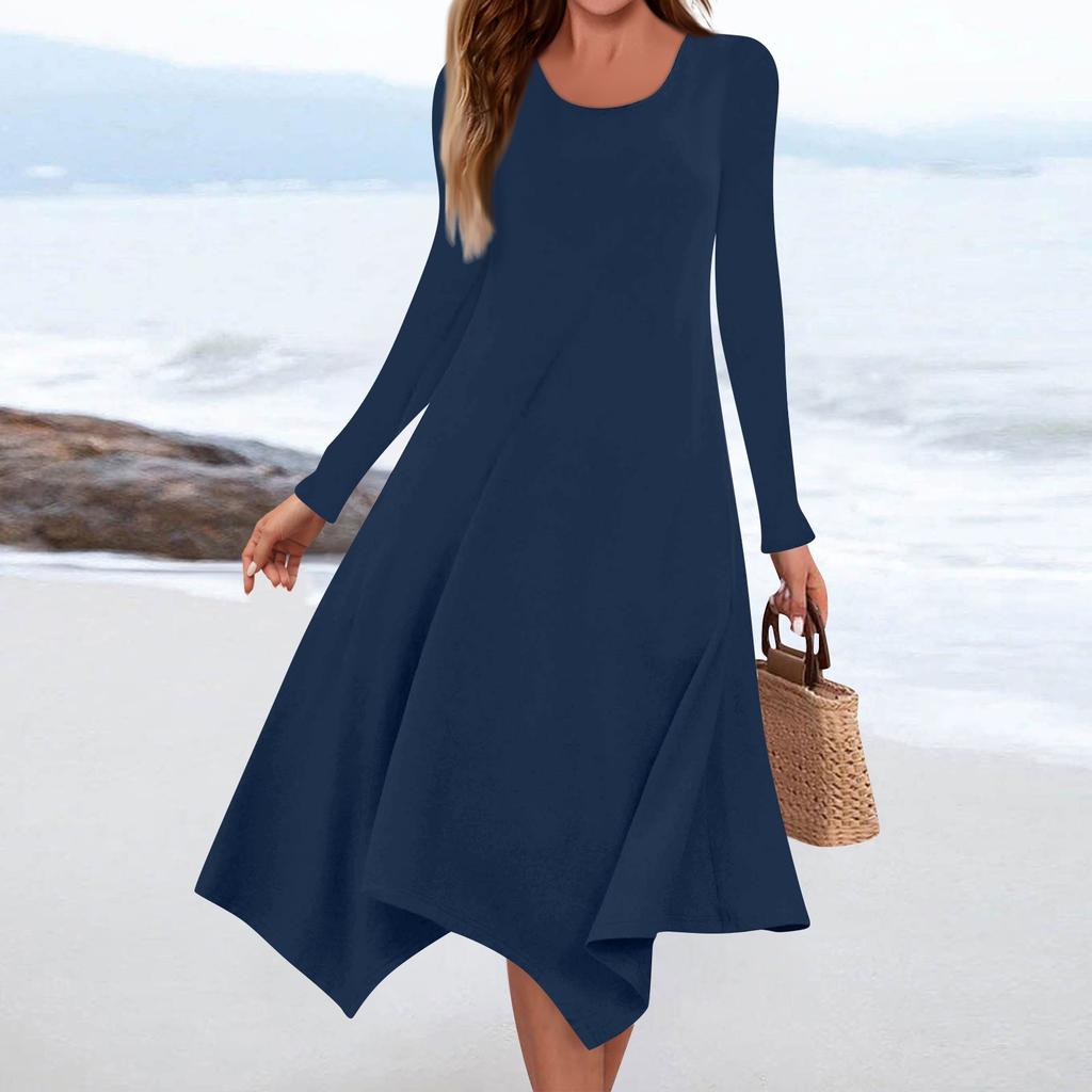 Women's Casual Fashion Round Neck Long Sleeve Solid Color Irregular Hem Midi Dress
