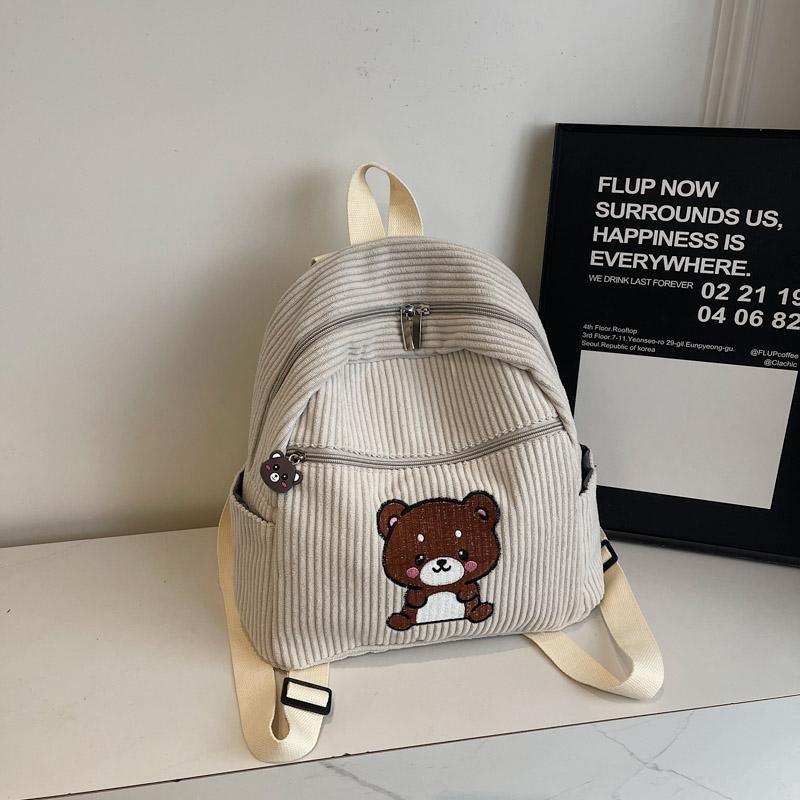 Bear Backpack Corduroy Student Schoolbag Women Cartoon Backpack