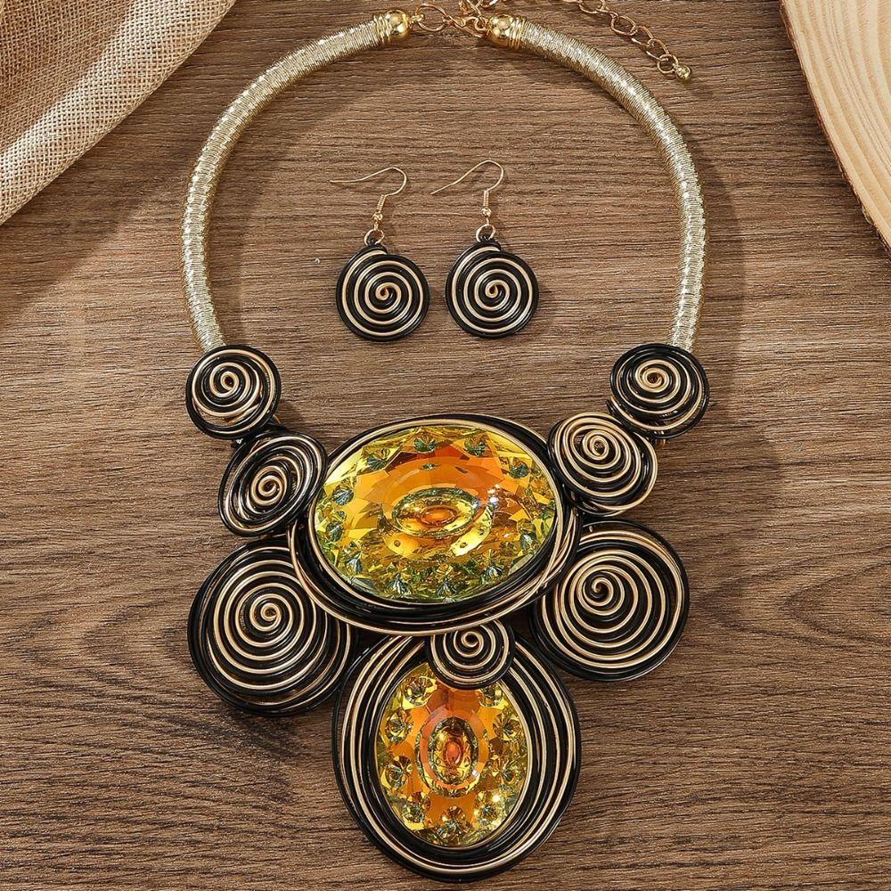 Crystal Gem Statement Necklace Earring Set Irregular Woven Accessories Vintage Beads Necklaces Handmade Neck Chains for Women