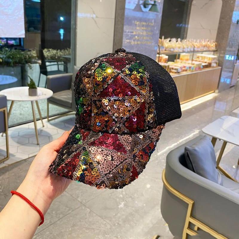Sparkly Colorful Sequined Baseball Cap Breathable Mesh Back Adjustable Size for Beach Holiday Travel Wear