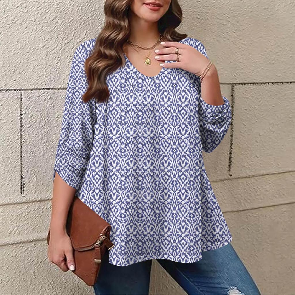 Women's Plus Size Fashion Printed Casual Pleated Round Neck Long Sleeve Top
