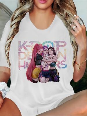 Женская футболка в стиле K-pop с принтом чиби-персонажей K-pop группы, дышащий топ с коротким рукавом для весны, лета и осени