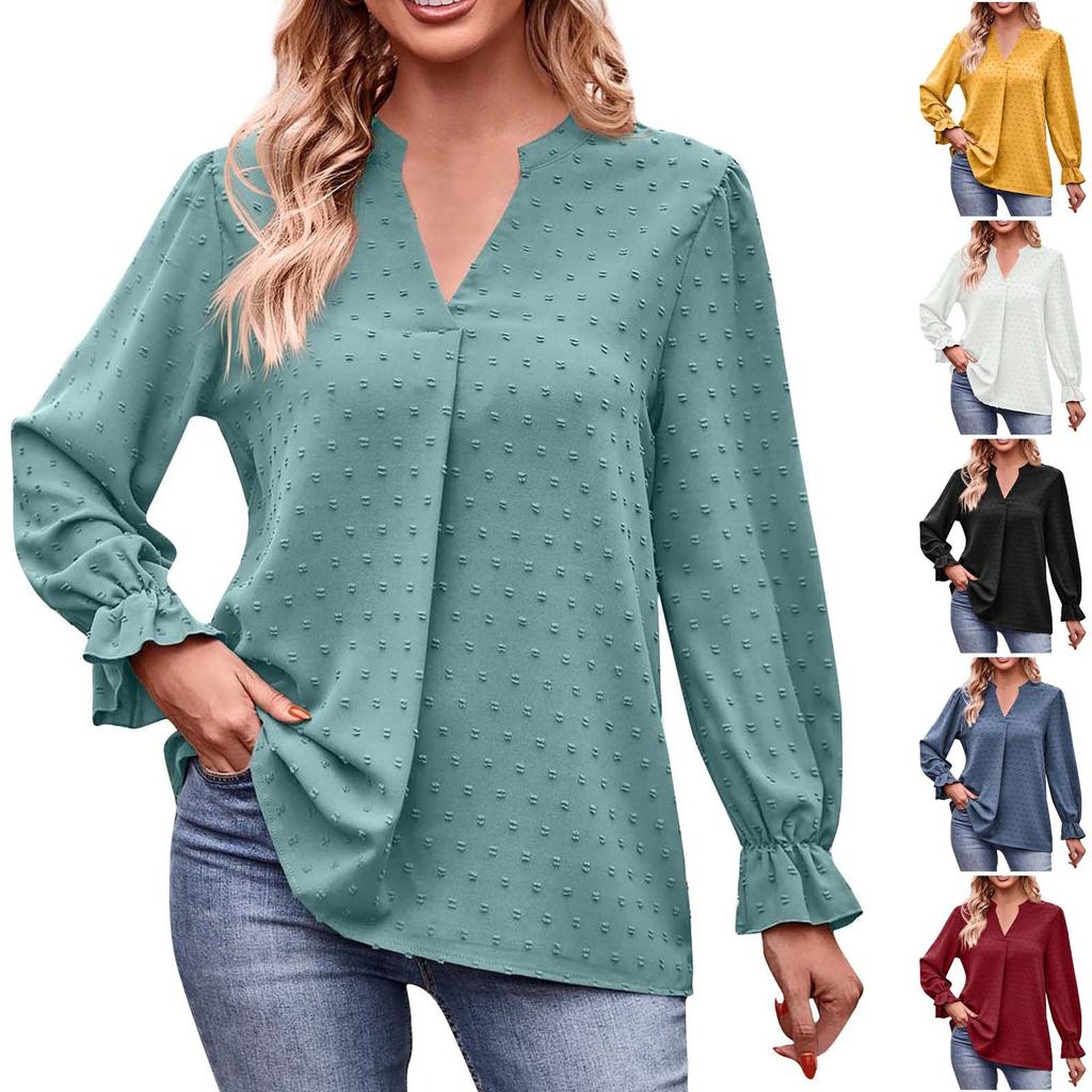 Женская модная повседневная свободная однотонная футболка с v-образным вырезом и рюшами с длинным рукавом