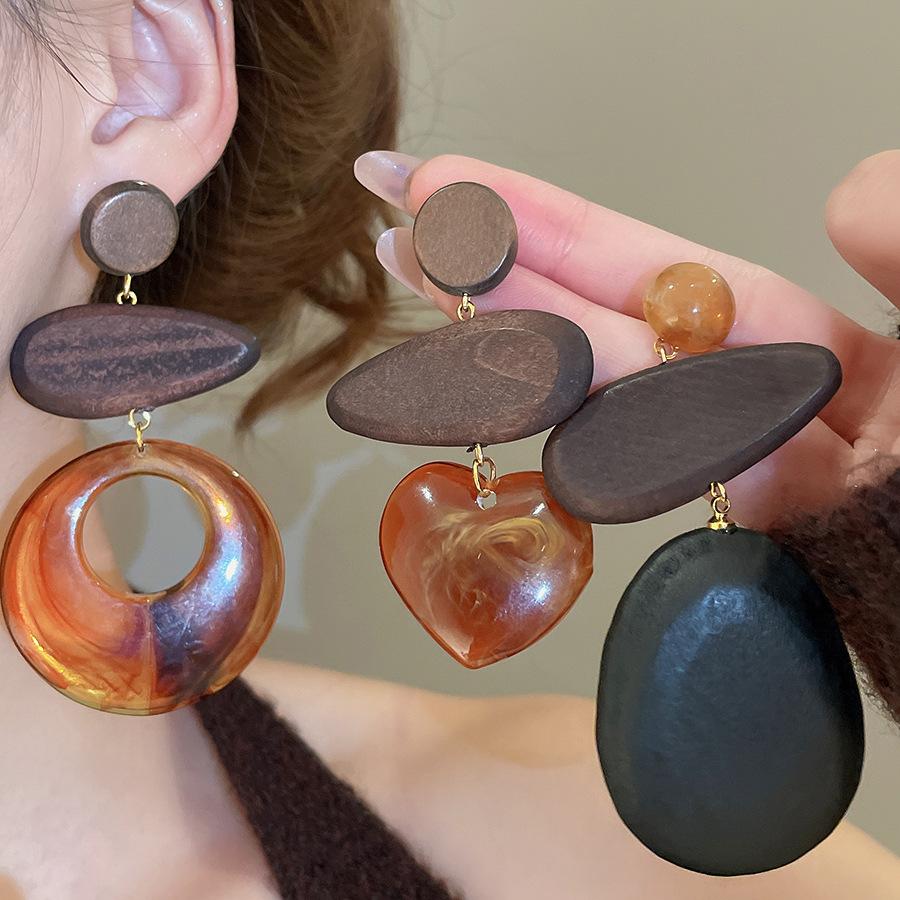 Ethnic Style Wood Resin Dangle Earrings for Women Geometric Water Drop Round Heart-shaped Earrings Personality Charm Jewelry C1